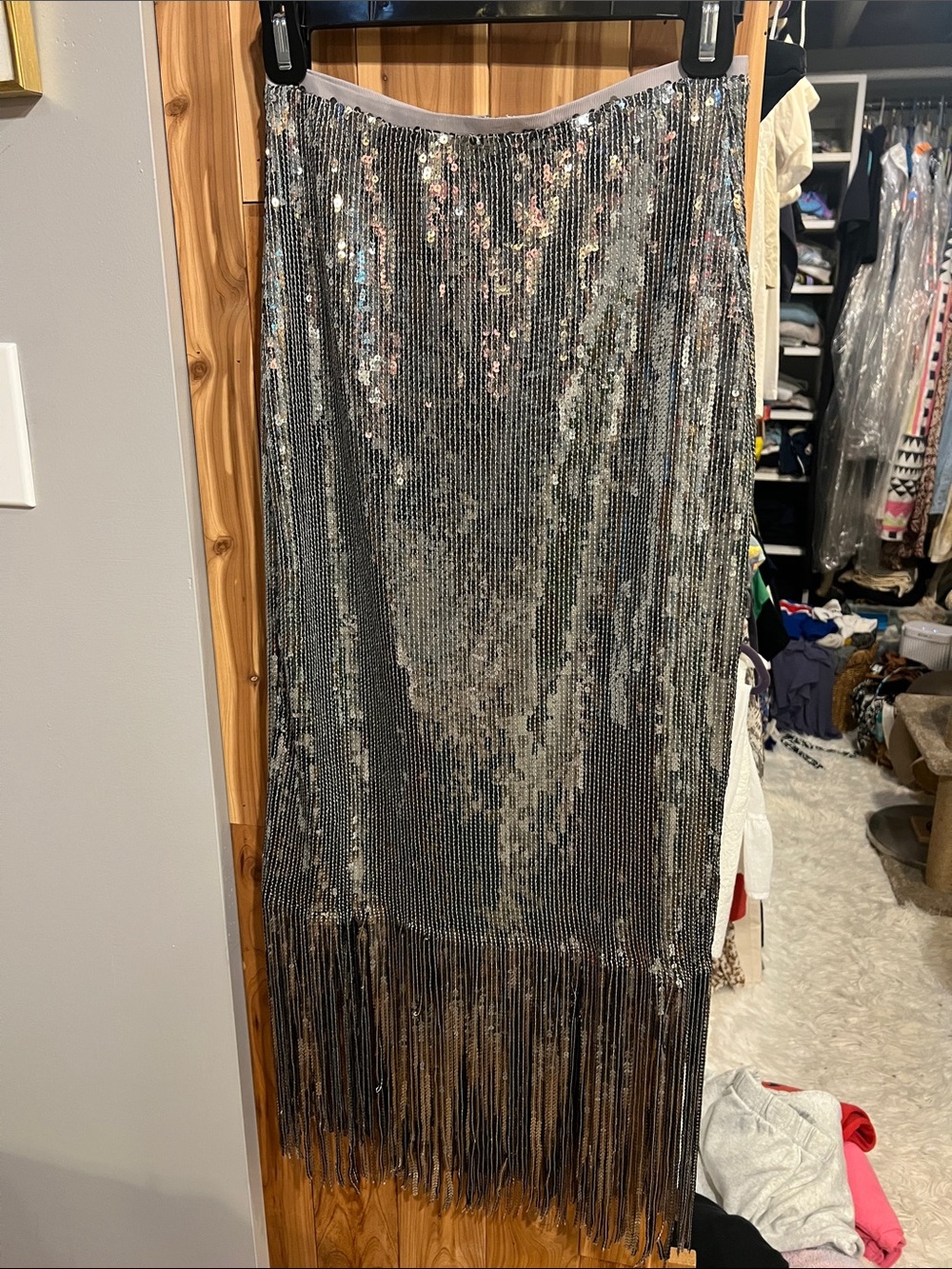 Lulu's Silver Sequin Fringe Maxi Skirt